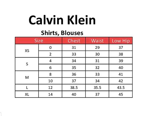 calvin klein jeans size chart